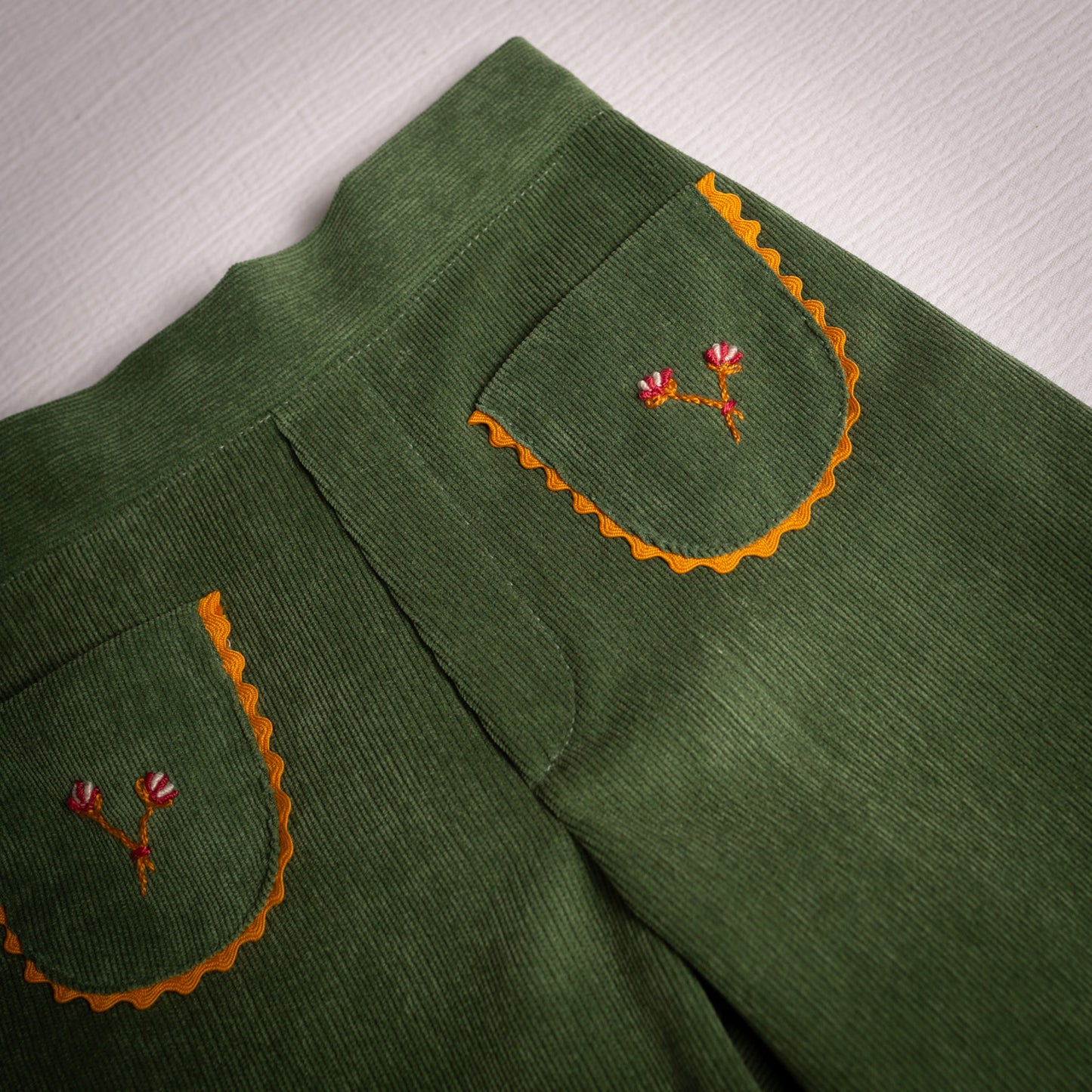 Olive corduroy embroidered bell bottom pants 12Y